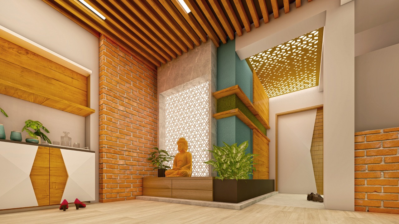 Contemporary Entrance Foyer With Buddha Statue